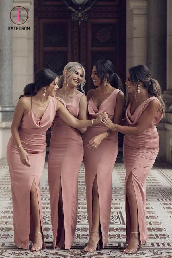 Charming Cowl Neck Split Long Bridesmaid Dresses, Floor Length Sexy Br – kateprom
