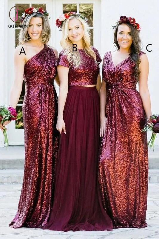Shiny Burgundy Sequins Bridesmaid Dresses Long Mismatched Bridesmaid D – kateprom