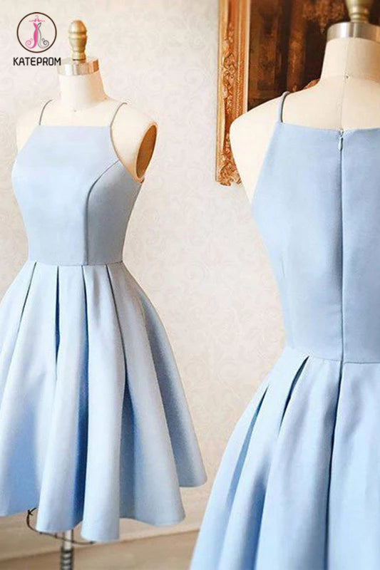 A-Line Spaghetti Straps Homecoming Dress,Sleeveless Light Blue Satin Short Prom Dress KPH0134