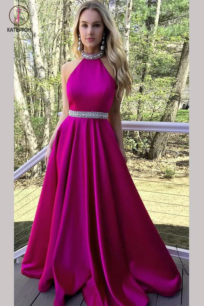 Hot Pink High Neck A-line Satin Beading Backless Long Prom Gown,Cheap –  kateprom