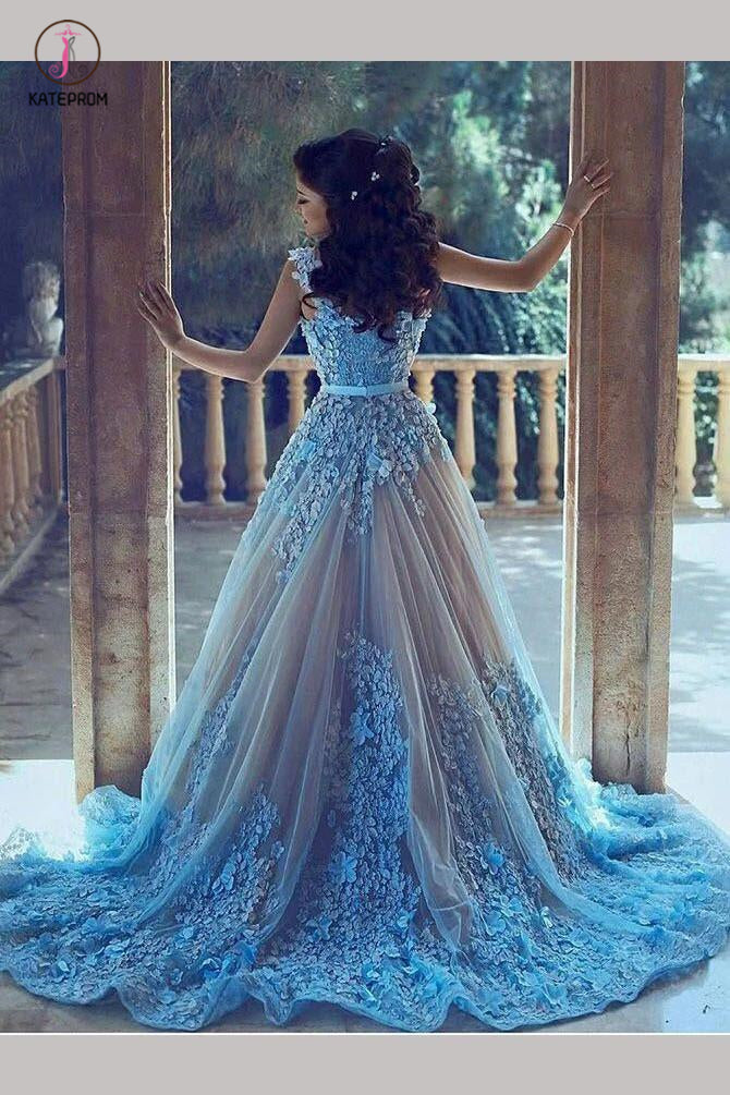 Blue Straps Hand Made Flowers Tulle Prom Dress,Wedding Dress with Bead kateprom Blue Straps Hand Made Flowers Tulle Prom Dress,Wedding Dress with Bead kateprom