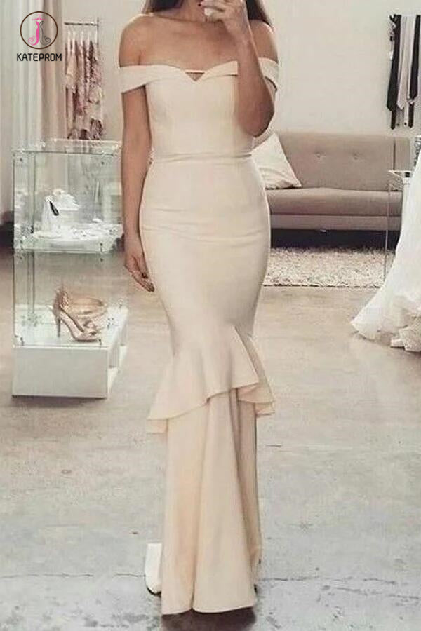 Glamorous Beige Mermaid Off-the-Shoulder Long Prom Bridesmaid Dresses kateprom Glamorous Beige Mermaid Off-the-Shoulder Long Prom Bridesmaid Dresses kateprom
