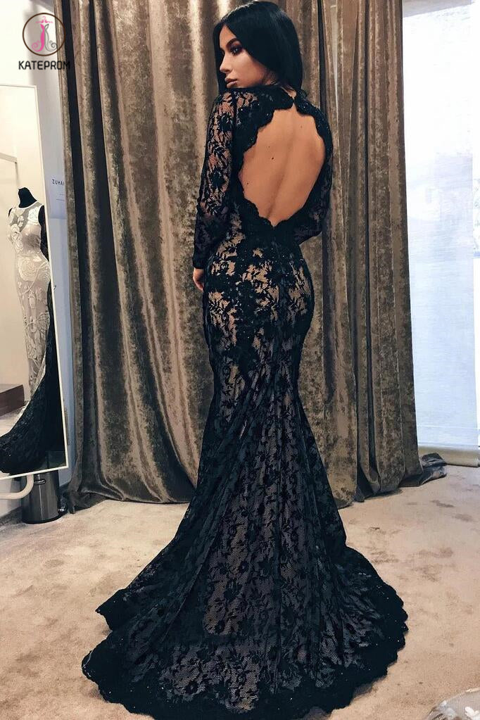 Black Mermaid Jewel Long Sleeve Lace Open Back Evening Dress,Long Prom