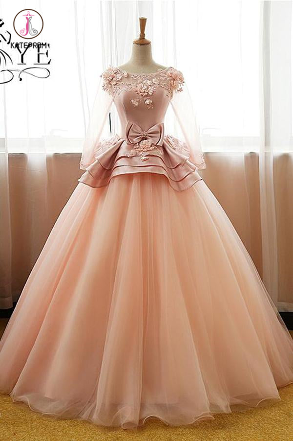 Ball Gown Long Sleeve Tulle Prom Dress with Flowers, Puffy Quinceanera kateprom Ball Gown Long Sleeve Tulle Prom Dress with Flowers, Puffy Quinceanera kateprom