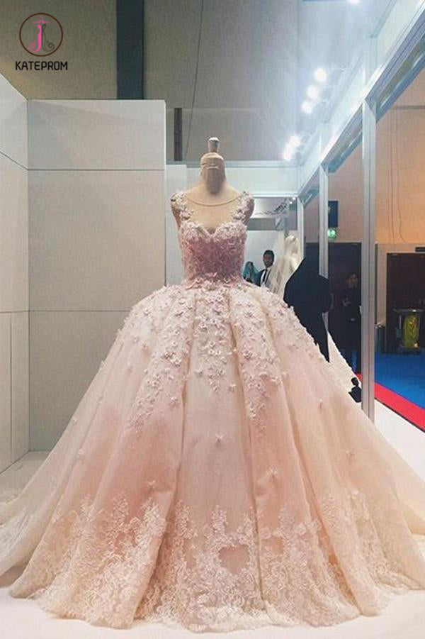 Ball Gown Sleeveless Lace Appliqued Tulle Prom Dresses, Quinceanera Dr –  kateprom