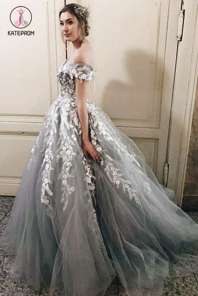 Dark Gray Long Tulle Prom Dress with Appliques, A Line Off-the-shoulde kateprom Dark Gray Long Tulle Prom Dress with Appliques, A Line Off-the-shoulde kateprom