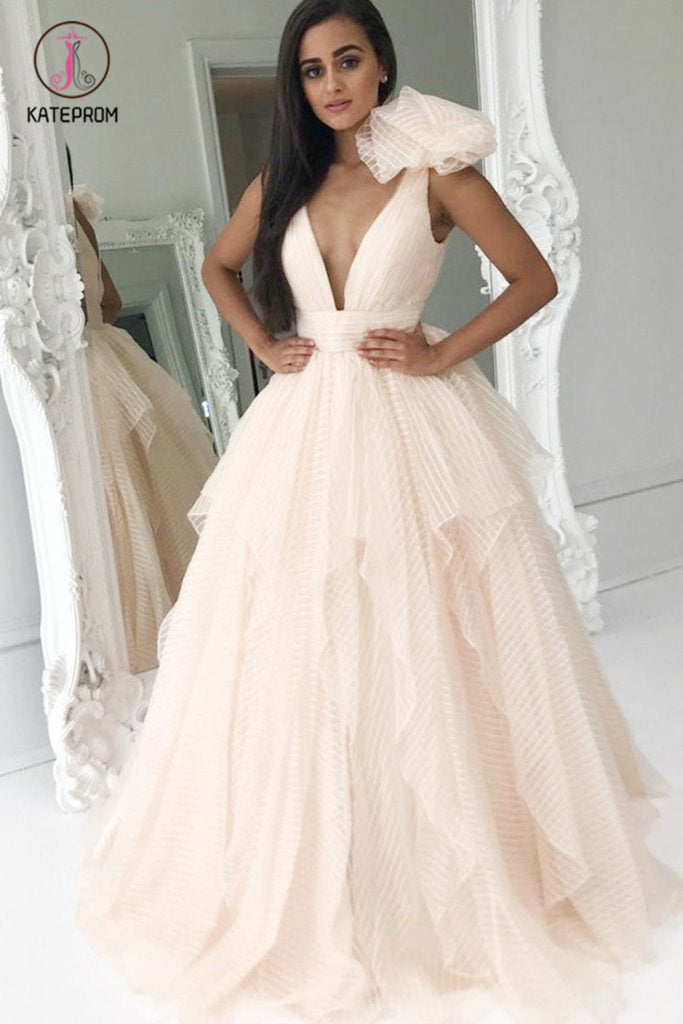 Elegant Deep V-Neck Light Pink Ball Gown Princess Prom Dresses Quincea kateprom Elegant Deep V-Neck Light Pink Ball Gown Princess Prom Dresses Quincea kateprom