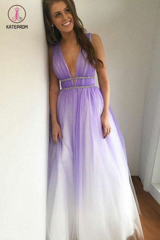 Ombre Deep V Neck Tulle Prom Dress, Gradient Purple Long Tulle Party D –  kateprom