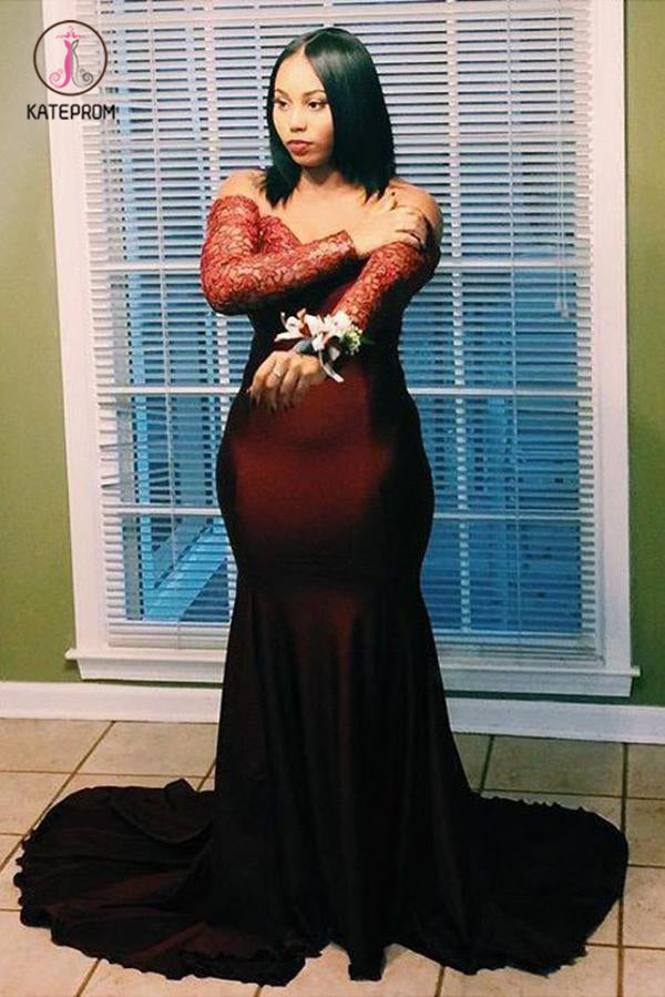 Burgundy Off the Shoulder Long Sleeves Mermaid Plus Size Prom Dress wi kateprom Burgundy Off the Shoulder Long Sleeves Mermaid Plus Size Prom Dress wi kateprom