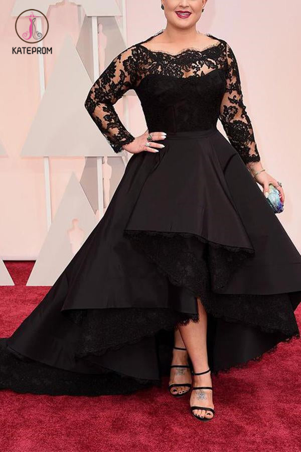 Black Plus Size Prom Dress, High Low Long Sleeve Evening Dress with La – kateprom Black Plus Size Prom Dress, High Low Long Sleeve Evening Dress with La – kateprom