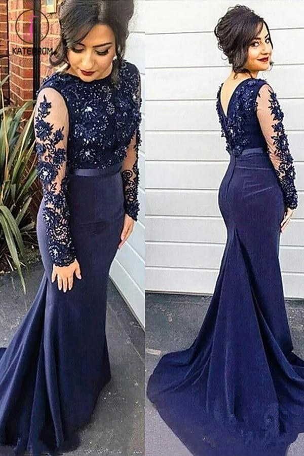 Dark Blue Mermaid Long Sleeve Lace Appliques Prom Dress, Plus Size Lon kateprom Dark Blue Mermaid Long Sleeve Lace Appliques Prom Dress, Plus Size Lon kateprom