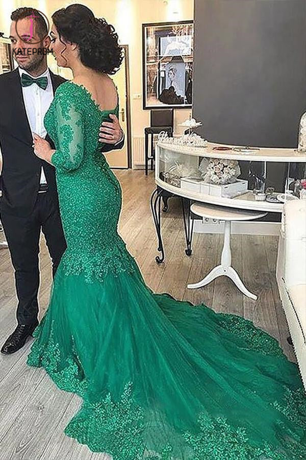 Green Mermaid V-neck Tulle Applique 3/4 Sleeves Long Plus Size Prom Dr   kateprom