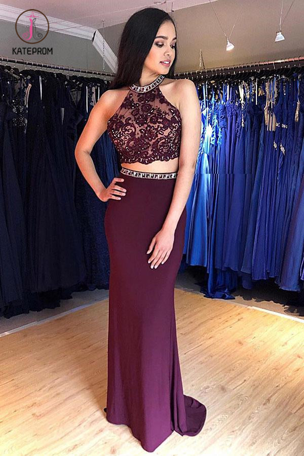 Two Piece Grape Mermaid Open Back Long Prom Dress, Long Beading Evenin   kateprom