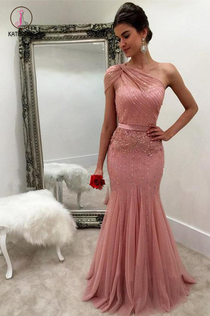 open lace back dress Mermaid Emerald Green Satin Simple One Shoulder Elegant Long Prom Dres –  bridalsew main image 1