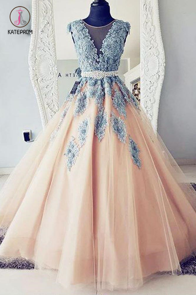 Puffy Round Neck Teal Blue Lace and Peach Tulle Long Prom Dresses Ball   kateprom