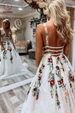 Princess V Neck Floral Embroidery Long Prom Dress with Pocket, Long Lace Prom Dresses KPP0744