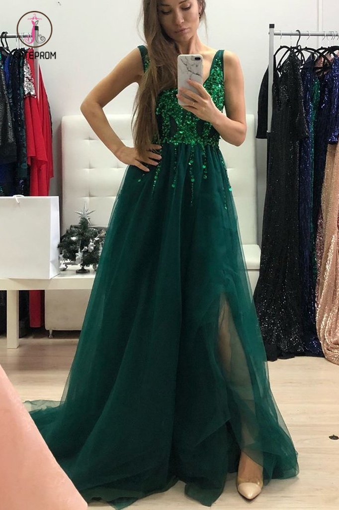 Dark Green Sparkly Prom Dress with Side Slit, A Line V Neck Tulle Long –  kateprom