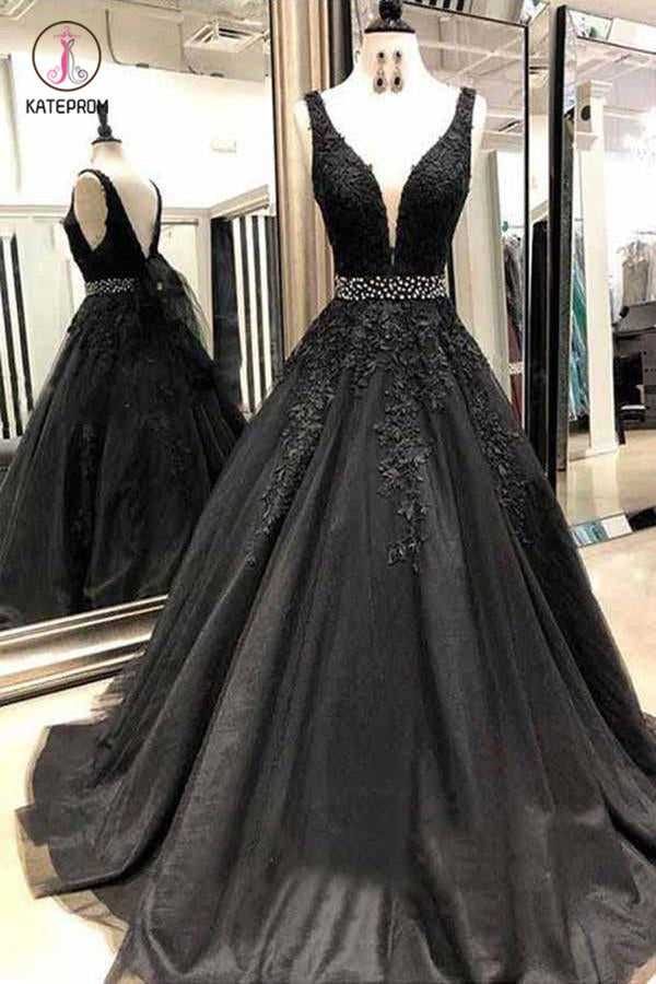 Black Appliques Prom Dress with Beaded Waist, A Line Tulle Long Gradua –  kateprom