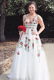 Cheap V Neck Prom Dresses with Sleeveless, Floor Length Formal Dress with Appliques KPP0793
