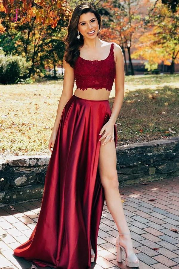 Two Piece High Split Prom Dress with Lace Bodice, Charming Flowy Eveni   kateprom