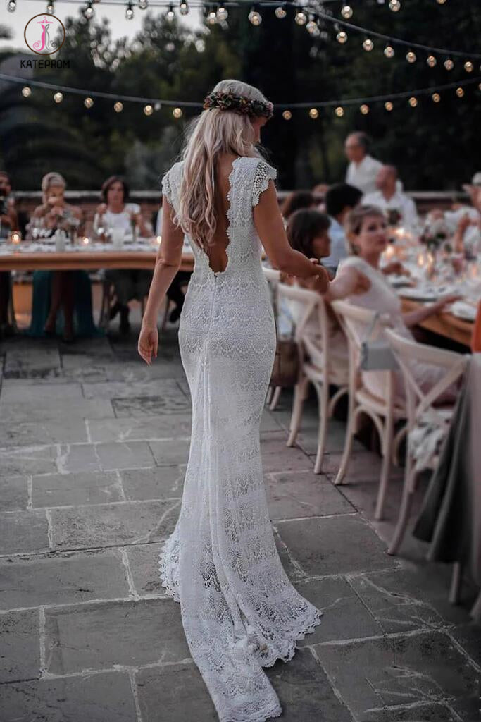 Boho Mermaid Lace Beach Wedding Dresses Cap Sleeve Bohemian Bridal Gow   kateprom