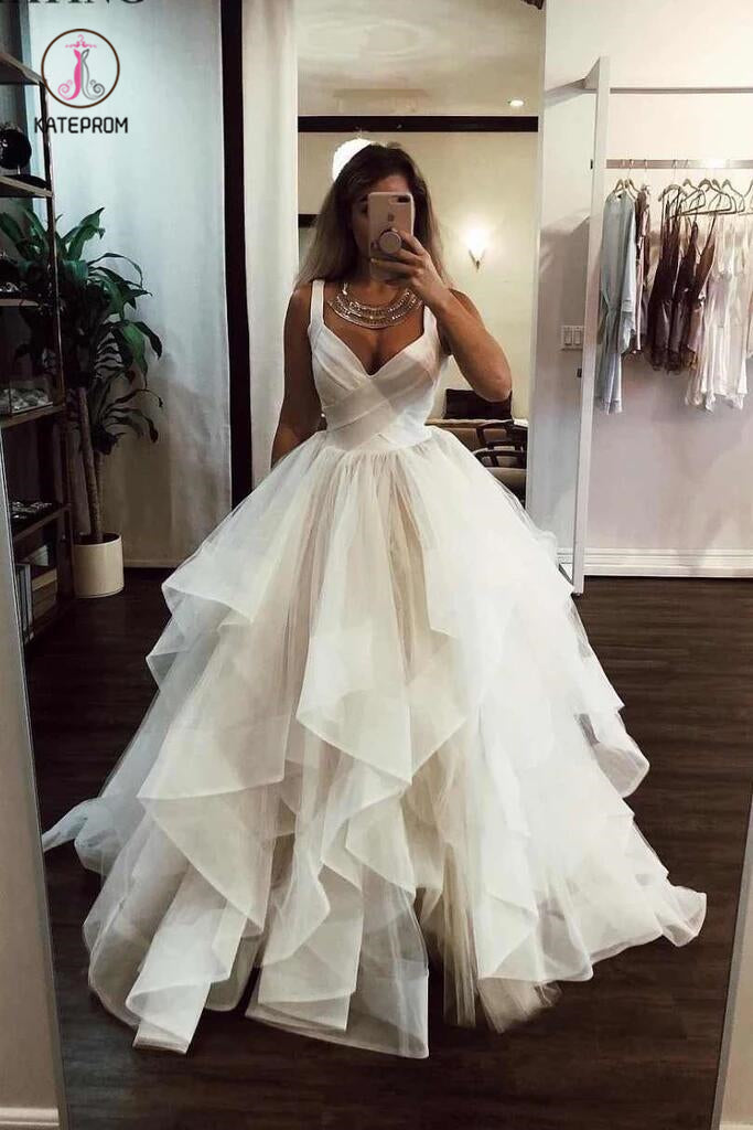 Puffy Straps Long Beach Wedding Dresses, Unique Cascading Ruffles Brid kateprom Puffy Straps Long Beach Wedding Dresses, Unique Cascading Ruffles Brid kateprom