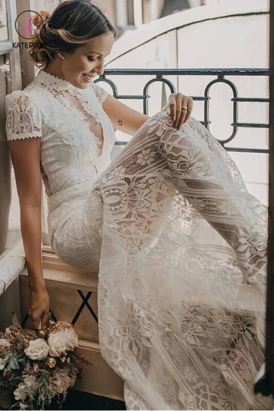 Vintage High Neck Lace Wedding Dress with Short Sleeves, See Through B – kateprom