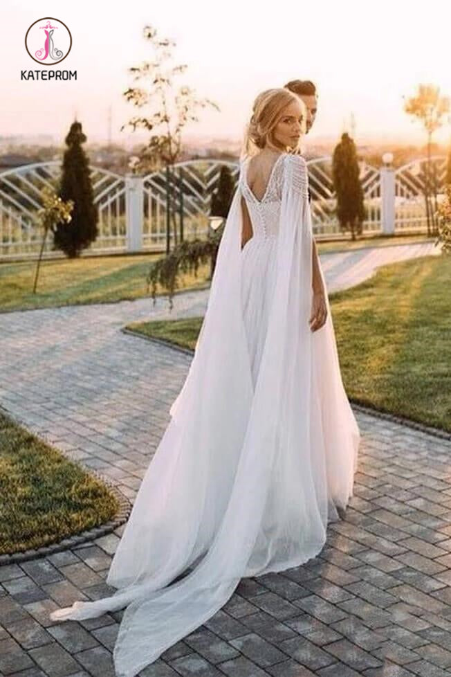 A Line Beaded Chiffon Cap Sleeves Boho Wedding Dresses, Beach Wedding kateprom A Line Beaded Chiffon Cap Sleeves Boho Wedding Dresses, Beach Wedding kateprom