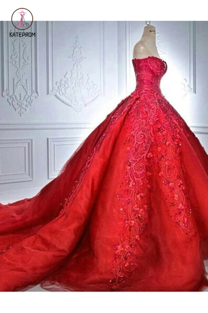 strapless open back dress Ball Gown Red Sweetheart Tulle Prom Dresses with Appliques, Puffy Quin –  kateprom