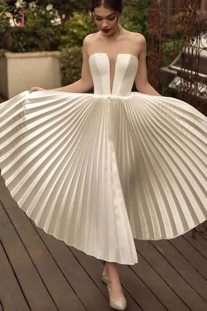 blue dress for baby girl Ankle Length Strapless Wedding Dress, Ivory Pleats Beach Wedding Dress –  kateprom