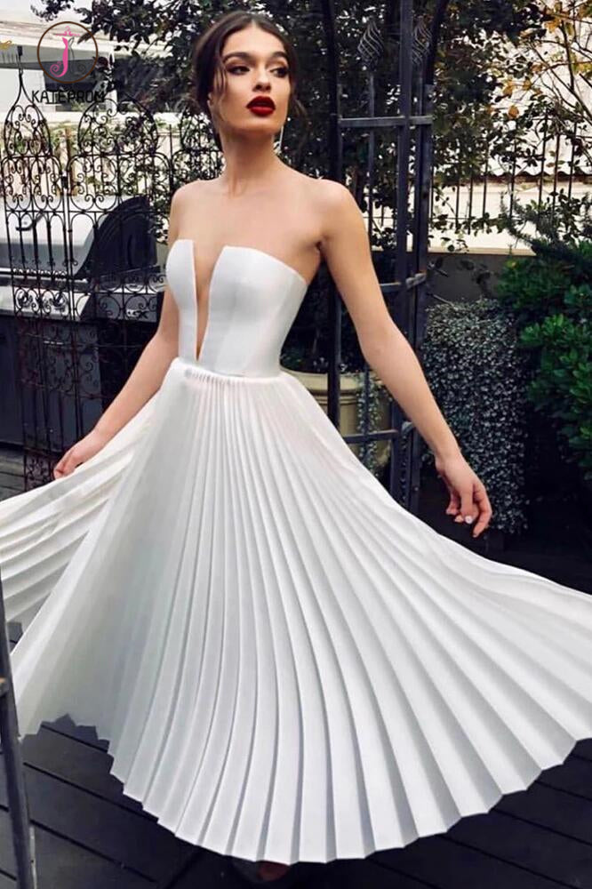 Ankle Length Strapless Wedding Dress, Ivory Pleats Beach Wedding Dress –  kateprom