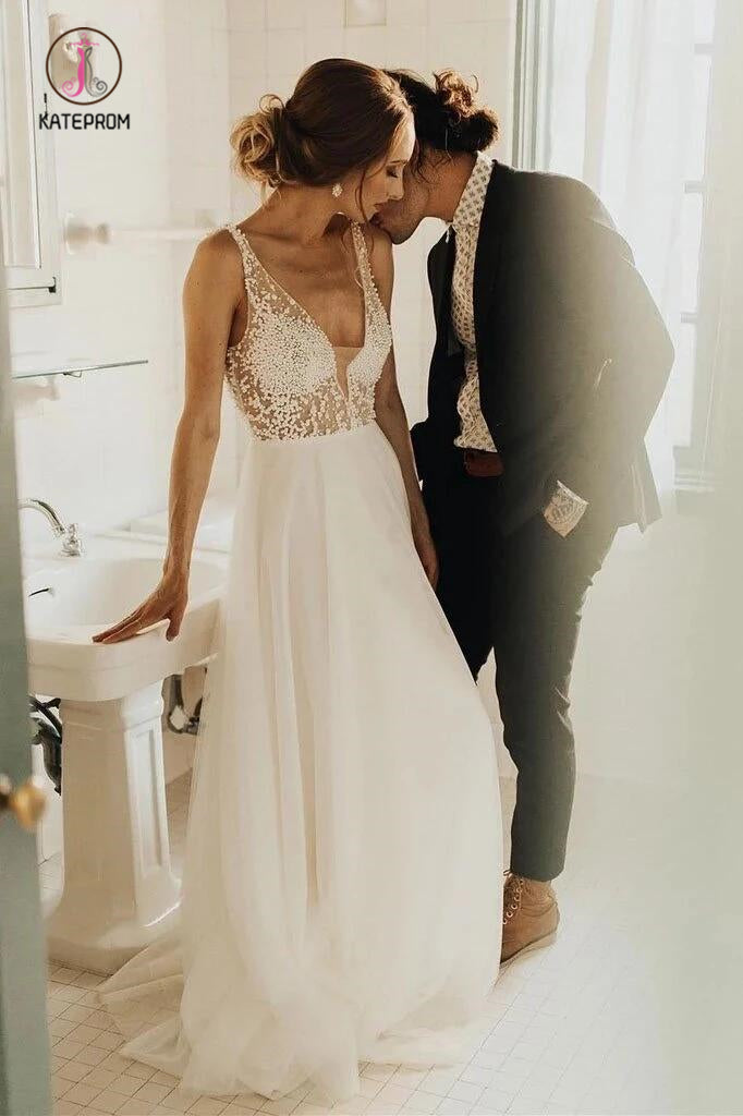 Simple Beading Long Tulle Beach Wedding Dress, A Line Deep V Neck Wedd –  kateprom