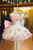 Pink Rose Tulle Short Party Dress, Oversized Bow Enchanted Ball Gown