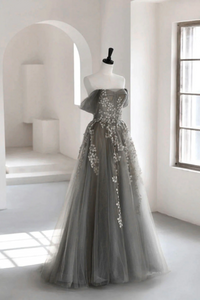 Gray Tulle Lace Long Prom Dress, A Line Off the Shoulder Evening Dress KPP1822