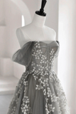 Gray Tulle Lace Long Prom Dress, A Line Off the Shoulder Evening Dress KPP1822