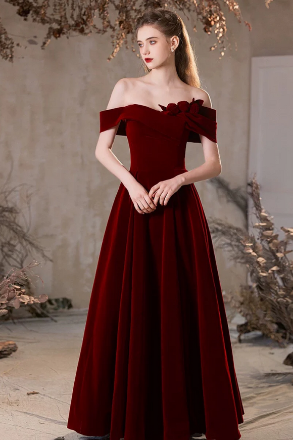 A Line Off Shoulder Velvet Burgundy Long Prom Dress, Burgundy Long For kateprom A Line Off Shoulder Velvet Burgundy Long Prom Dress, Burgundy Long For kateprom