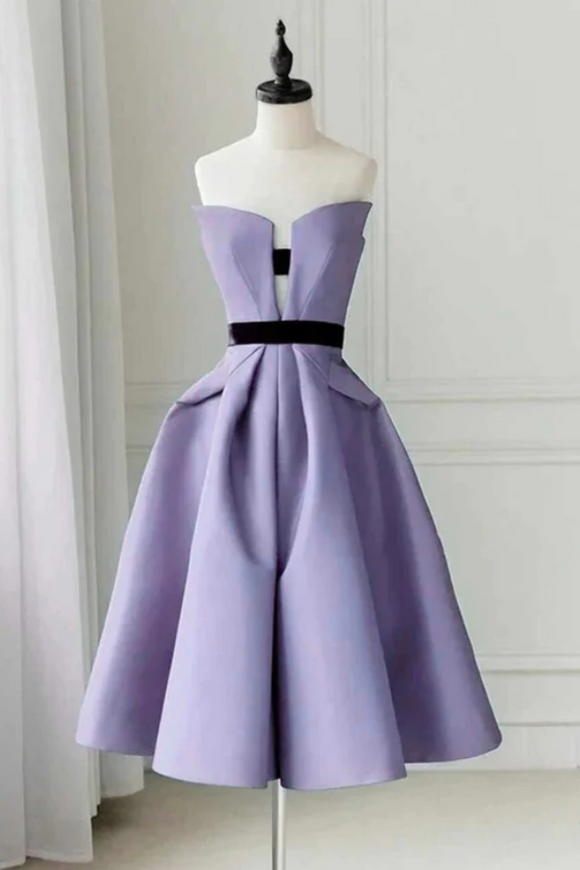 A Line Light Purple Satin Knee Length Prom Dress, Homecoming Dress KPH0801
