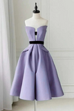 A Line Light Purple Satin Knee Length Prom Dress, Homecoming Dress KPH0801