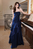 A Line Satin Blue Long Prom Dress, Long Evening Dress KPP2232