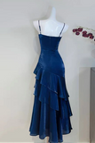 A Line Satin Blue Long Prom Dress, Long Evening Dress KPP2232