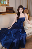 A Line Satin Blue Long Prom Dress, Long Evening Dress KPP2232