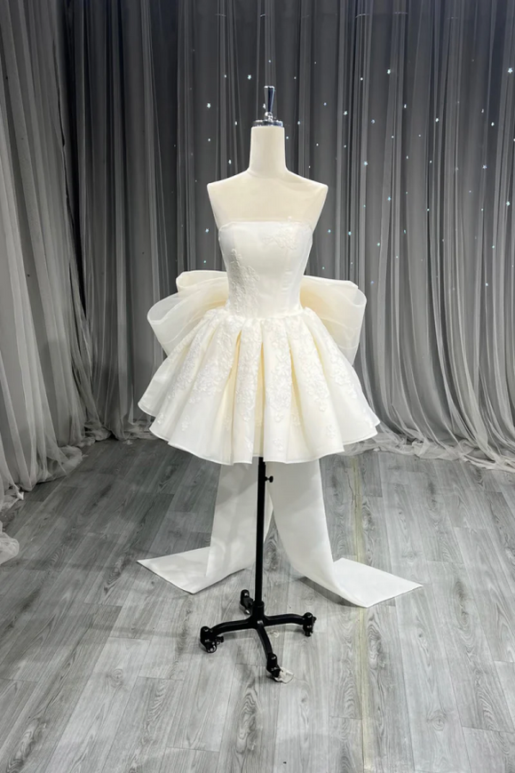White Satin Lace Short Prom Dress, Cute A Line Knee Length Party Dress KPH0804