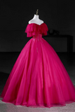 Hot Pink Tulle Beaded Long Prom Dress, A Line Off the Shoulder Party Dress KPP2238