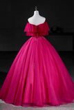 Hot Pink Tulle Beaded Long Prom Dress, A Line Off the Shoulder Party Dress KPP2238