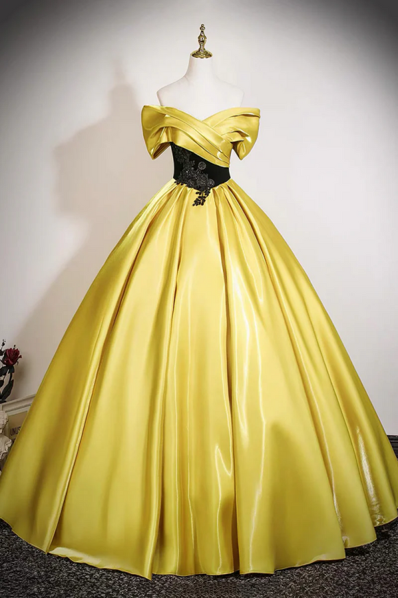 Yellow Satin Lace Long Prom Dress, Elegant Off the Shoulder A Line Party Dress KPP2240
