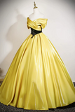 Yellow Satin Lace Long Prom Dress, Elegant Off the Shoulder A Line Party Dress KPP2240