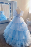 Sky Blue Tulle Sweetheart Long Prom Dress, Short Sleeve Formal Sweet 16 Dress KPW0752