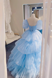 Sky Blue Tulle Sweetheart Long Prom Dress, Short Sleeve Formal Sweet 16 Dress KPW0752