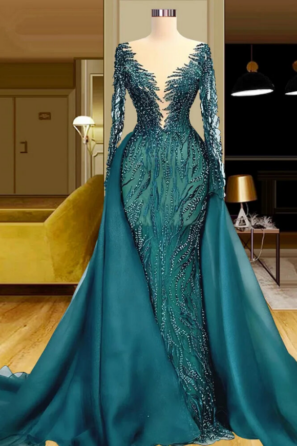 Teal evening gown with long sleeves on a mannequin in an indoor setting.