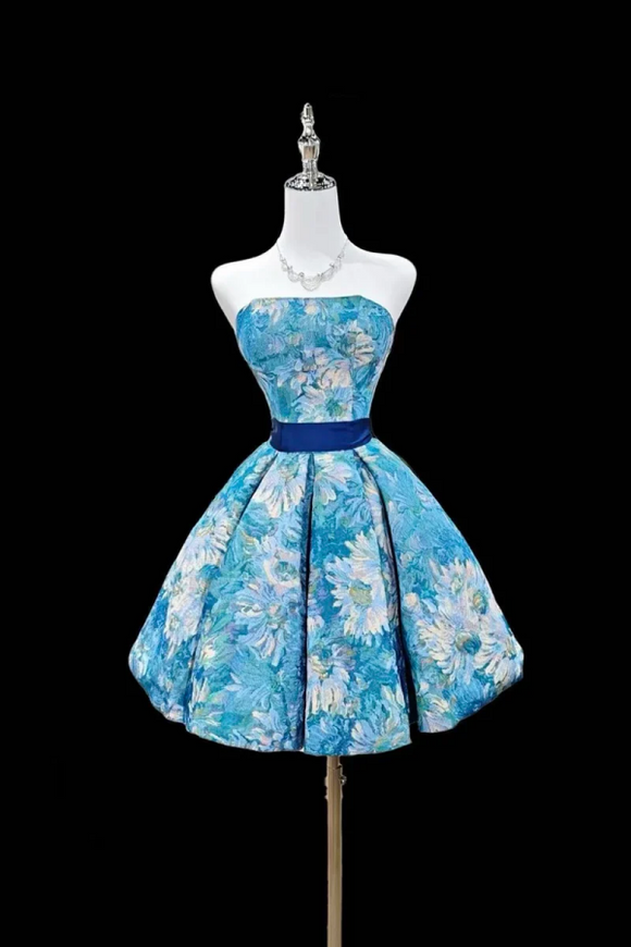 Blue Floral Strapless Mini Party Dress, A Line Backless Evening Dress KPH0808
